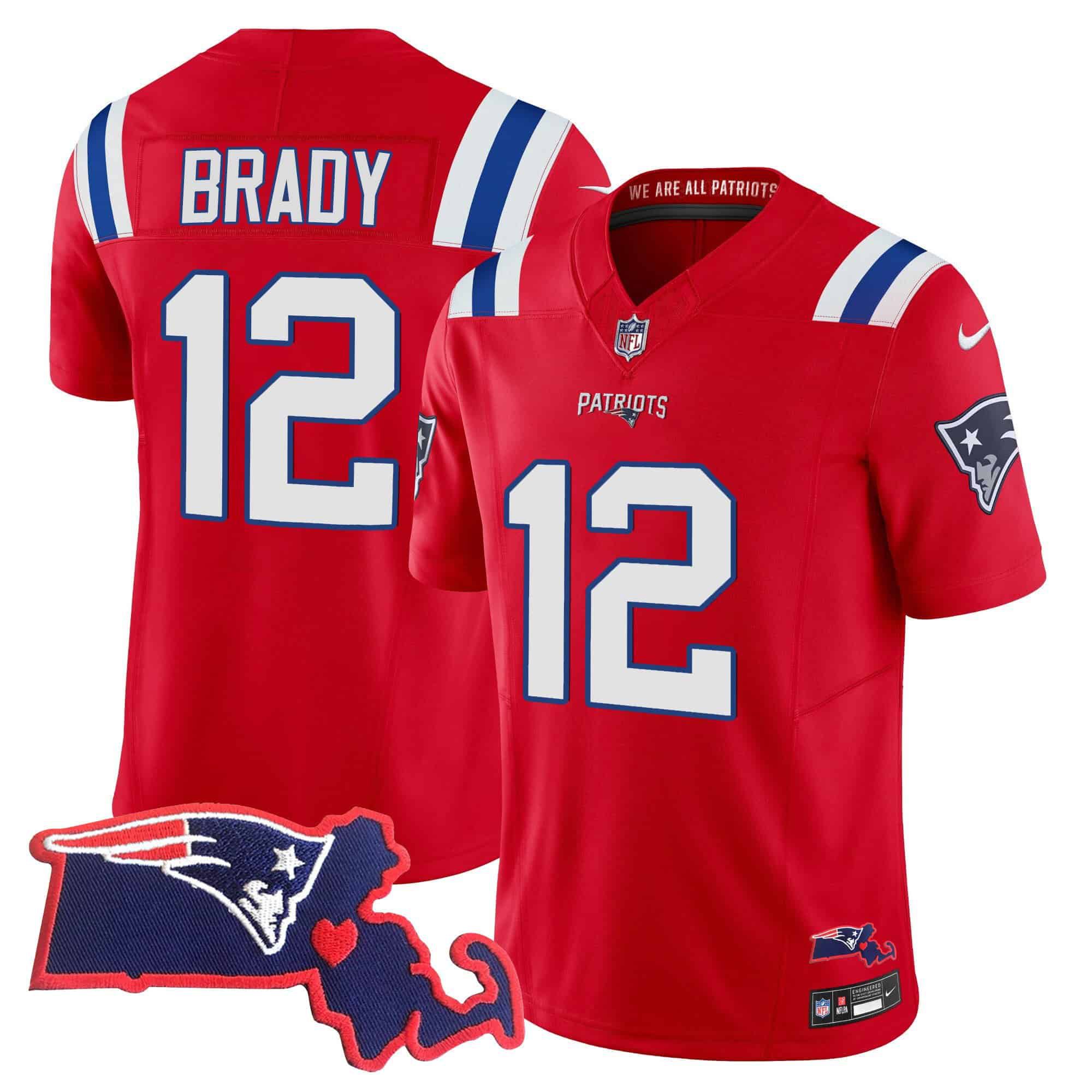 Men New England Patriots 12 Brady Red 2024 Nike Patch Vapor Limited NFL Jersey